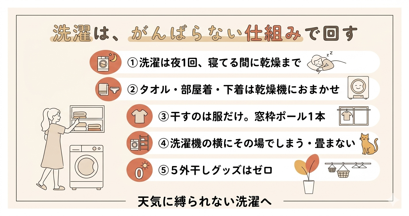 洗濯はがんばらない仕組みで回す：記事まとめ図解