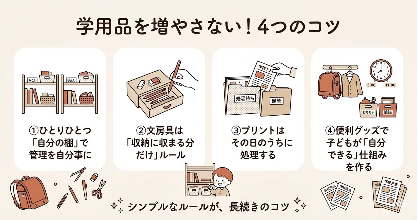 学用品を増やさない！4つのコツ まとめ図解