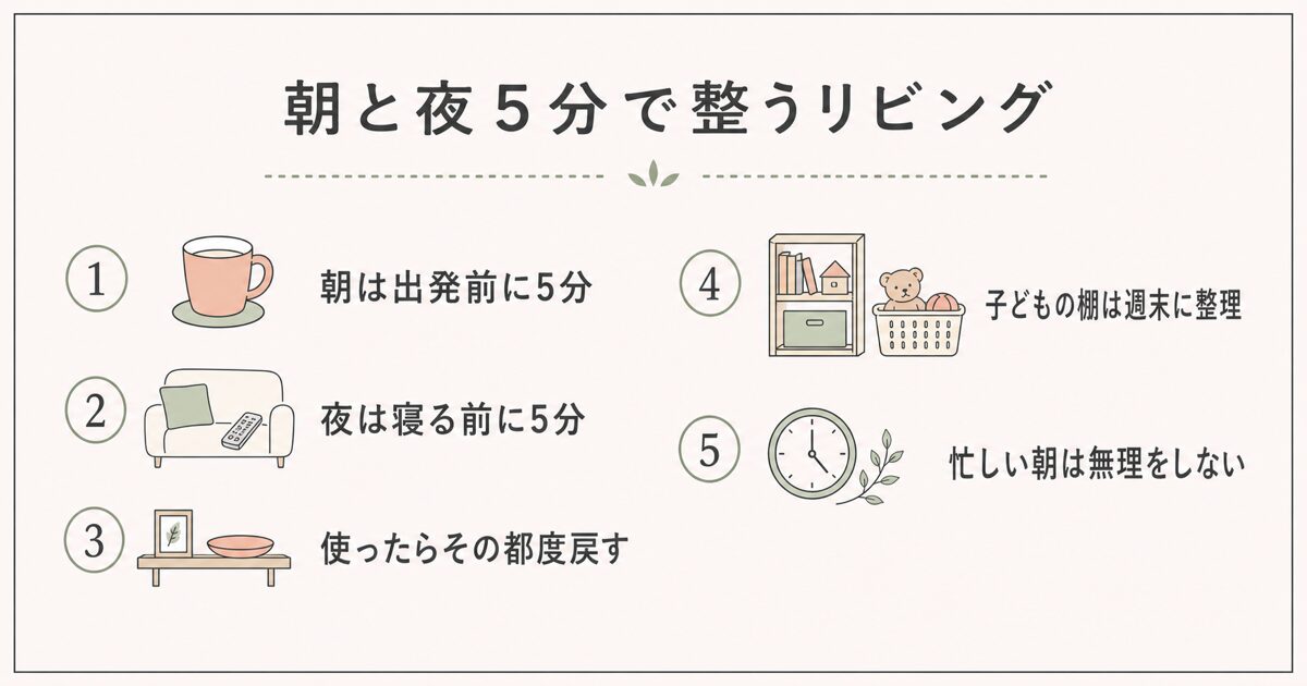 朝と夜5分で整うリビングリセット習慣のまとめ図解