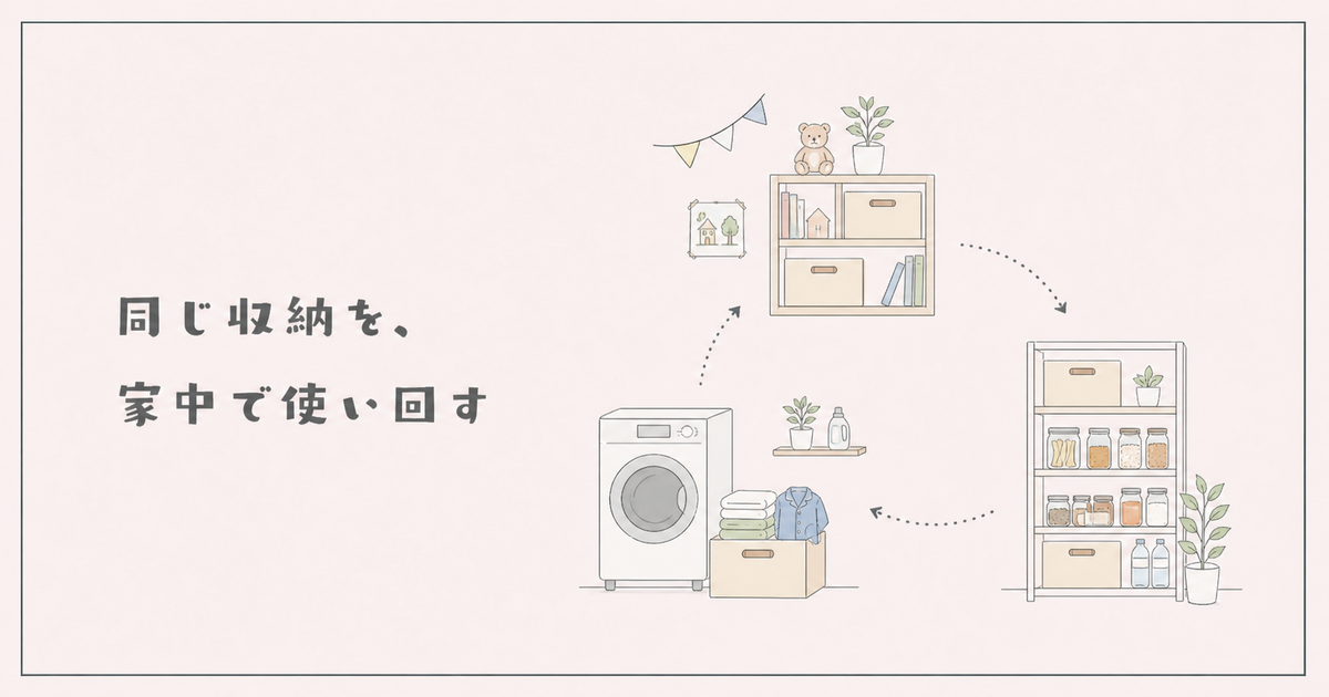 同じ収納用品を子どもの棚や脱衣所、パントリーで使い回す工夫