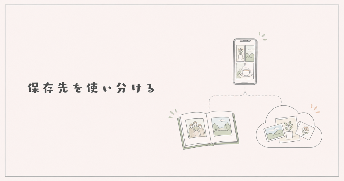 スマホ本体と共有アルバムとクラウドで写真の保存先を使い分けるイラスト