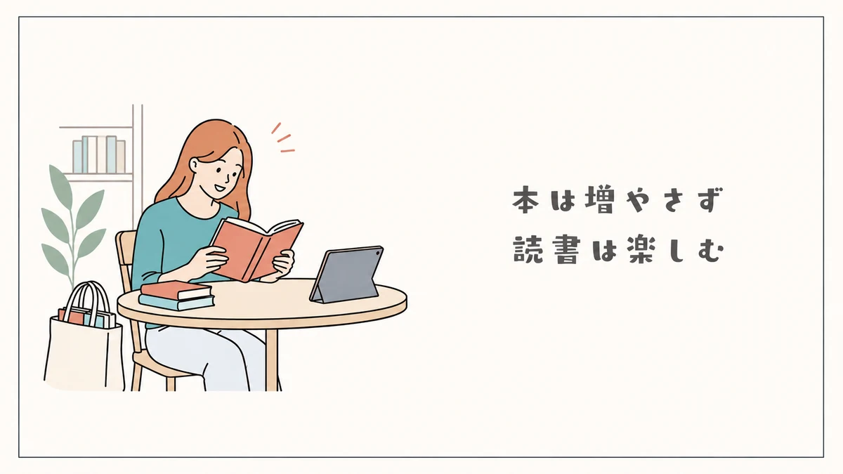 図書館の本とタブレットで読書を楽しむ女性のイラスト